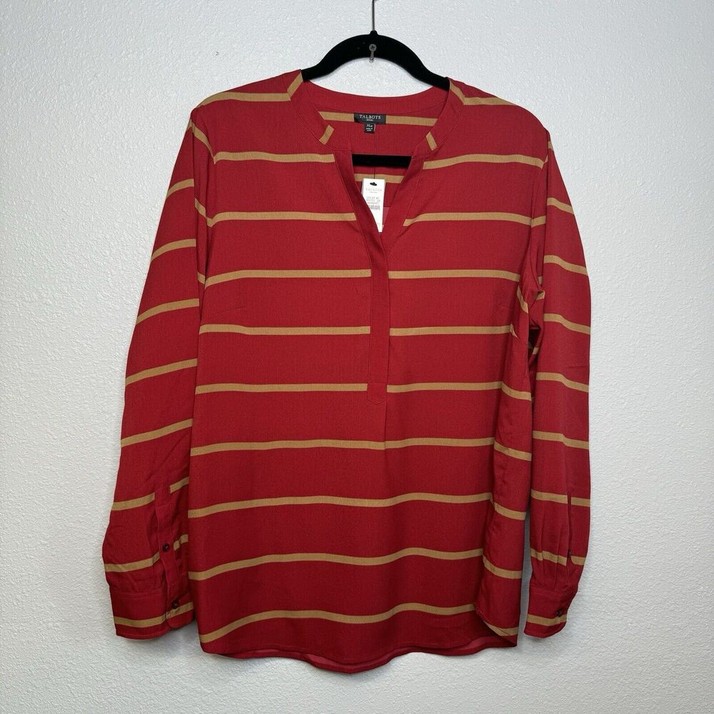 Talbots Petites Size XL Red Gold Striped Womens Top Long Sleeve V Neck New $89